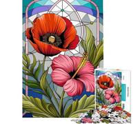 Puzzle da 1000 pezzi per ragazzi con design a vetrata ︰ Armonia tra papaveri e ibisco Puzzle divertenti per ragazzi Analisi e logica Regali unici per compleanno e Natale (Dimensioni 50x75cm)