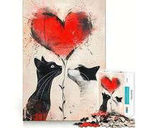 Puzzle da 1000 pezzi per ragazzi con gatti e palloncini a forma di cuore,incastro perfetto,attività stimolante per la mente,momento di relax,attività per il compleanno (38x52cm)