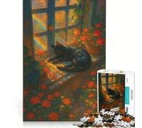 Puzzle da 1000 pezzi per ragazzi con gatto, arcobaleno e rose vicino a una finestra, gioco rilassante, antistress, compleanno e Natale 50x75cm