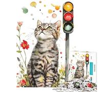 Puzzle da 1000 pezzi per ragazzi con gatto e semaforo ad acquerello difficile e stimolante decorazione murale fai da te giocattolo per ragazzi dai 14 anni in su (38x52cm)