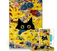 Puzzle da 1000 pezzi per ragazzi con gatto nero in un campo di fiori gialli,disegno dai bordi precisi,gioco di logica,divertimento rilassante,regalo artistico di Natale 50x75cm