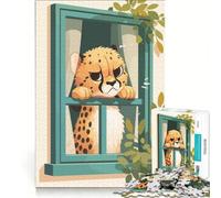 Puzzle da 1000 pezzi per ragazzi, con ghepardo dei cartoni animati che guarda fuori dalla finestra, decorazione da parete, divertente e spiritosa, regalo di compleanno e originale 38x52cm