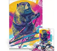 Puzzle da 1000 pezzi per ragazzi con illustrazione di un castoro che scia, colorato, giocattolo fai-da-te, migliora la memoria, con pezzi di forma casuale completamente ad incastro 50x75cm