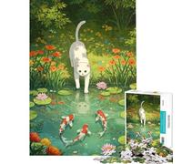 Puzzle da 1000 pezzi per ragazzi con illustrazione di un gatto e di uno stagno con carpe koi Gioco educativo e stimolante per tutta la famiglia adatto a ragazzi dai 14 anni in su (50x75cm)