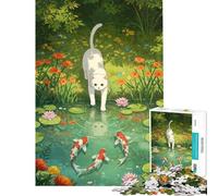 Puzzle da 1000 pezzi per ragazzi con illustrazione di un gatto e di uno stagno con carpe koi Gioco educativo per tutta la famiglia stimolante e adatto a partire dai 14 anni (38x26cm)