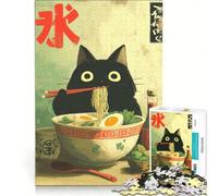 Puzzle da 1000 pezzi per ragazzi con illustrazione di un gatto nero che mangia ramen, giochi divertenti, attività divertenti da fare a casa, gioco dal design accattivante 50x75cm