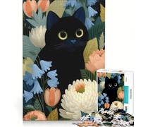 Puzzle da 1000 pezzi per ragazzi con illustrazione di un gatto nero tra i fiori, gioco rilassante, gara di velocità manuale, ideale per compleanni e Natale 38x52cm