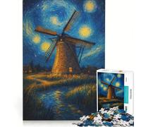 Puzzle da 1000 pezzi per ragazzi con mulino a vento sotto una notte stellata decorazione da parete per divertimento in famiglia per rafforzare l'amore tra le coppie 38x52cm