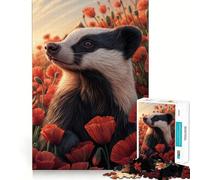 Puzzle da 1000 pezzi per ragazzi con tasso in un campo di papaveri,decorazione con ritagli precisi,gioco cognitivo,giocattolo per il tempo libero,regalo di Natale rilassante (38x52cm)
