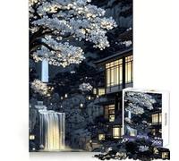Puzzle da 1000 pezzi per ragazzi con tema "Tempio in fiore di ciliegio e cascata", ideale per stimolare la creatività, il relax e creare un effetto di precisione Regalo festivo (38x52cm)