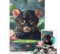 Puzzle da 1000 pezzi per ragazzi, con un simpatico cucciolo di giaguaro nero tra le ninfee, giocattolo fai-da-te, stimolante da completare, regalo di compleanno, regalo di viaggio 50x75cm