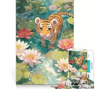 Puzzle da 1000 pezzi per ragazzi con un simpatico cucciolo di tigre nello stagno delle ninfee, gioco divertente, allena la mente e la mano, sfida unica 38x26cm