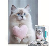 Puzzle da 1000 pezzi per ragazzi con un simpatico gatto bianco che tiene un cuore, gioco divertente, allena la mente e la mano, gioco di sfida unico 38x52cm