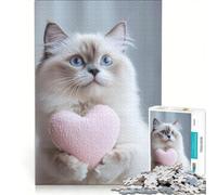 Puzzle da 1000 pezzi per ragazzi con un simpatico gatto bianco che tiene un cuore, gioco rompicapo, difficile e stimolante, ideale come regalo per tutta la famiglia 50x75cm