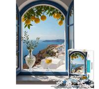 Puzzle da 1000 pezzi per ragazzi con vista di Santorini attraverso una finestra aperta gioco educativo sfida e regalo per compleanni decorazione da parete (dimensioni 38x26cm)