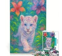 Puzzle da 1000 pezzi per ragazzi: Cucciolo di tigre bianca nella vegetazione tropicale gioco pratico per divertimento in famiglia adatto come decorazione da scrivania 38x52cm
