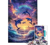 Puzzle da 1000 pezzi per ragazzi Delfini che saltano al tramonto cosmico Gioco educativo stimolante per l'intelletto ideale come regalo per uomini e donne Sfida impegnativa (dimensioni 38x52cm)