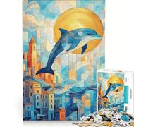 Puzzle da 1000 pezzi per ragazzi: Delfino che salta sopra la città, gioco pratico, di analisi e logica, adatto come decorazione da scrivania 50x75cm