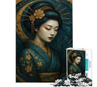 Puzzle da 1000 pezzi per ragazzi elegante ritratto di geisha in blu e oro puzzle per adulti gioco pratico ideale per passare il tempo durante le vacanze perfetto come regalo (dimensioni 38x26cm)