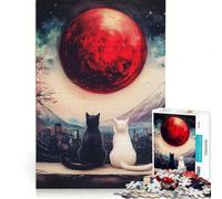 Puzzle da 1000 pezzi per ragazzi, gatti bianchi e neri sotto la luna rossa, giochi divertenti, attività divertenti da fare a casa, gioco dal design accattivante 38x26cm