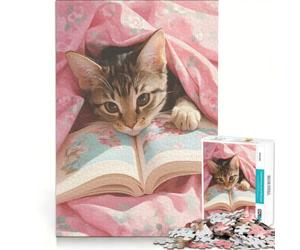 Puzzle da 1000 pezzi per ragazzi: Gattino che legge un libro sotto una coperta floreale gioco rompicapo difficile e stimolante ideale come regalo per tutta la famiglia 38x52cm