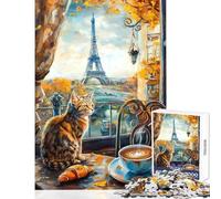 Puzzle da 1000 pezzi per ragazzi Gatto a Parigi con Torre Eiffel Gioco divertente antistress educativo per rafforzare l'amore tra le coppie (38x52cm)