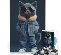 Puzzle da 1000 pezzi per ragazzi: Gatto alla moda in jeans, gioco divertente, allena la mente e la mano, migliora l'amore tra le coppie 38x52cm