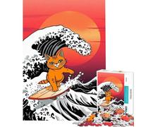 Puzzle da 1000 pezzi per ragazzi gatto arancione che fa surf su un'onda gigante gioco educativo giocattolo artistico regalo taglio di precisione (dimensioni 38x52cm)