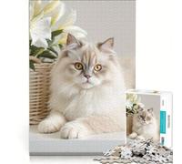 Puzzle da 1000 pezzi per ragazzi: gatto bianco con gigli e candela gioco pratico divertente e spiritoso ideale come regalo di compleanno o per occasioni speciali 38x26cm