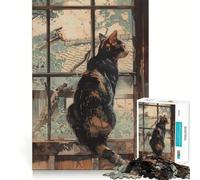 Puzzle da 1000 pezzi per ragazzi Gatto che guarda fuori dalla finestra,dipinto ad acquerello,bordi precisi,gioco divertente e rilassante per allenare la mente,regalo di compleanno (50x75cm)