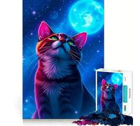 Puzzle da 1000 pezzi per ragazzi Gatto che guarda la luna,Ritagli precisi,Gioco cognitivo,Regalo per momenti di relax,Decorazione natalizia (50x75cm)