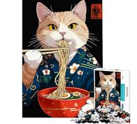 Puzzle da 1000 pezzi per ragazzi gatto che mangia ramen in kimono ideale per compleanni e Natale Migliora la memoria Gioco impossibile adatto a persone dai 14 anni in su (38x52cm)