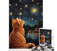 Puzzle da 1000 pezzi per ragazzi gatto che osserva le stelle in riva al lago puzzle per adulti gioco divertente antistress compleanno e Natale (dimensioni 50x75cm)