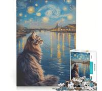 Puzzle da 1000 pezzi per ragazzi, gatto che osserva un fiume sotto un cielo stellato, decorazione da parete, difficile e stimolante, ottimo regalo per gli appassionati di videogiochi 38x26cm