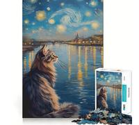 Puzzle da 1000 pezzi per ragazzi Gatto che osserva un fiume stellato in una notte stellata,disegno con intagli precisi,gioco cognitivo,regalo per momenti di relax,decorazione natalizia (38x52cm)