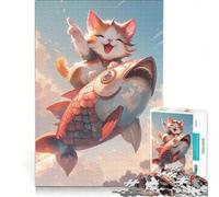 Puzzle da 1000 pezzi per ragazzi: Gatto felice che cavalca un pesce volante, giocattolo fai da te, migliora la memoria, collezione d'artista, belle arti 50x75cm