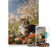 Puzzle da 1000 pezzi per ragazzi Gatto in un giardino fiorito,decorazione per incastri precisi,gioco per esercizi mentali,gioco per il relax,regalo di Natale divertente (38x26cm)