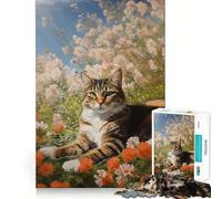 Puzzle da 1000 pezzi per ragazzi Gatto in un giardino fiorito,gioco a incastro,stimolante per la mente,divertente,per il tempo libero,per Natale e per la casa (50x75cm)
