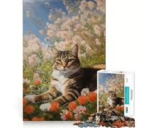 Puzzle da 1000 pezzi per ragazzi Gatto in un giardino fiorito,gioco a incastro,stimolante per la mente,divertente,per il tempo libero,per Natale,per la casa (38x52cm)