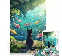 Puzzle da 1000 pezzi per ragazzi: gatto nero che ammira uno stagno di carpe koi, gioco per famiglie, attività divertenti da fare a casa, per rafforzare l'amore tra le coppie 50x75cm