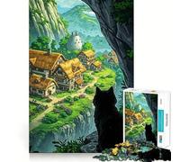 Puzzle da 1000 pezzi per ragazzi gatto nero che guarda un villaggio fantastico,disegno preciso,gioco per allenare la mente,momento di relax,divertimento per il compleanno 38x52cm