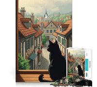 Puzzle da 1000 pezzi per ragazzi,gatto nero che guarda una città sotto la pioggia,gioco divertente e stimolante,tempo libero,decorazione natalizia da parete (50x75cm)
