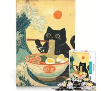 Puzzle da 1000 pezzi per ragazzi: gatto nero che mangia ramen con una grande onda, giochi divertenti, attività divertenti da fare a casa, gioco dal design accattivante 50x75cm