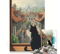 Puzzle da 1000 pezzi per ragazzi: gatto nero che osserva una città sotto la pioggia, giochi divertenti, attività divertenti da fare a casa, gioco dal design accattivante 38x26cm