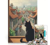 Puzzle da 1000 pezzi per ragazzi: Gatto nero che osserva una città sotto la pioggia, gioco per famiglie, attività divertenti da fare a casa, per rafforzare l'amore tra le coppie 50x75cm