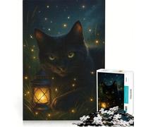 Puzzle da 1000 pezzi per ragazzi, gatto nero con lanterna nell'erba, giocattolo decorativo da parete, regalo di compleanno, adatto per la decorazione della scrivania 38x52cm