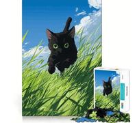 Puzzle da 1000 pezzi per ragazzi Gatto nero in un campo verde,disegno ritagliato con precisione,gioco stimolante per la mente,ideale per rilassarsi,perfetto per il tempo libero a Natale 38x26cm