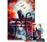 Puzzle da 1000 pezzi per ragazzi gatto nero in un cancello Torii,disegno preciso,gioco per allenare la mente,momento di relax,divertimento per il compleanno 38x52cm