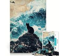 Puzzle da 1000 pezzi per ragazzi gatto nero su roccia con onde,gioco di squadra,divertente e rilassante,regalo per il tempo libero a tema natalizio 38x52cm