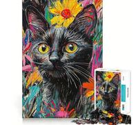 Puzzle da 1000 pezzi per ragazzi,gatto nero tra i fiori,disegno ritagliato con precisione,gioco stimolante per la mente,gioco rilassante,attività artistica per il tempo libero natalizio 38x26cm